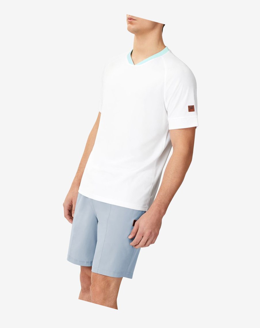 Fila Cross Court Corta Sleeve Crew Blancas Azules Azules | 75QSGAYBK