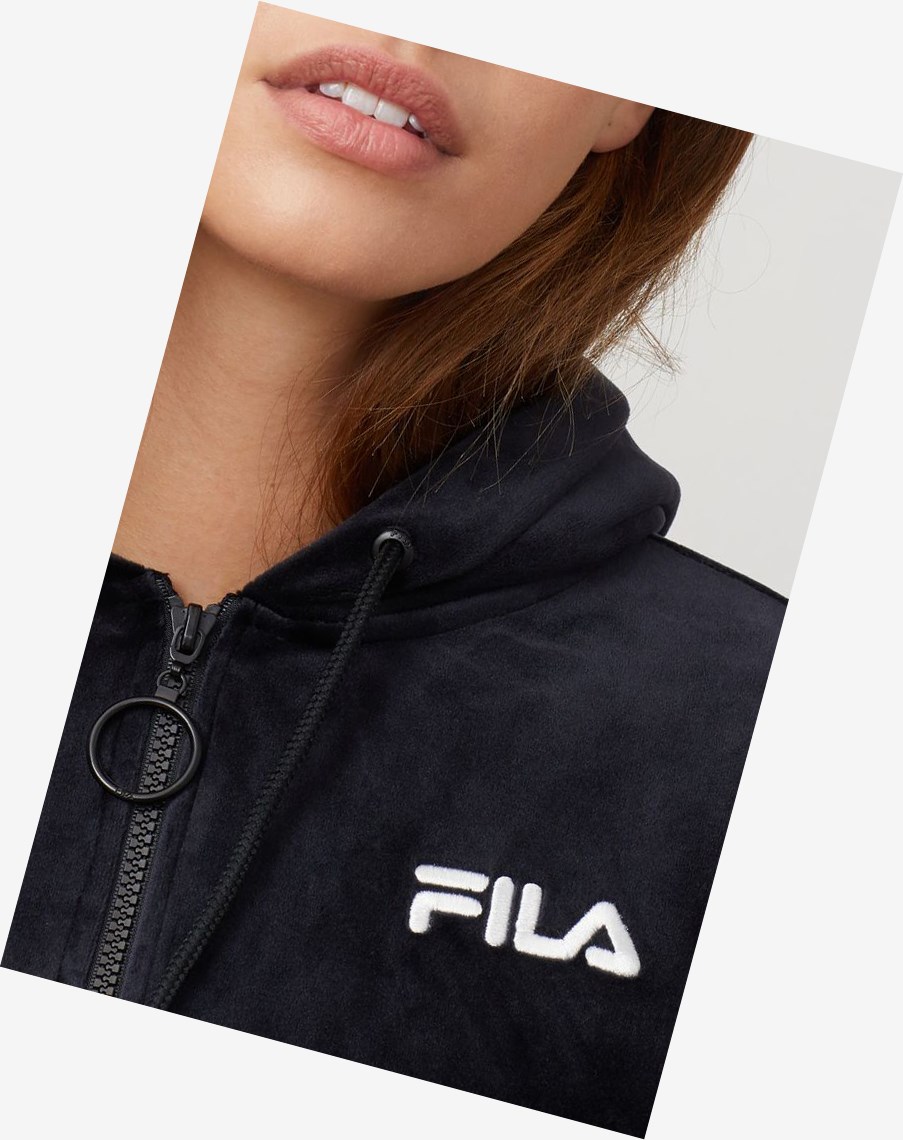 Fila Lou Cropped Velour Hoodie Blk/Wht | 39CUBFQMA